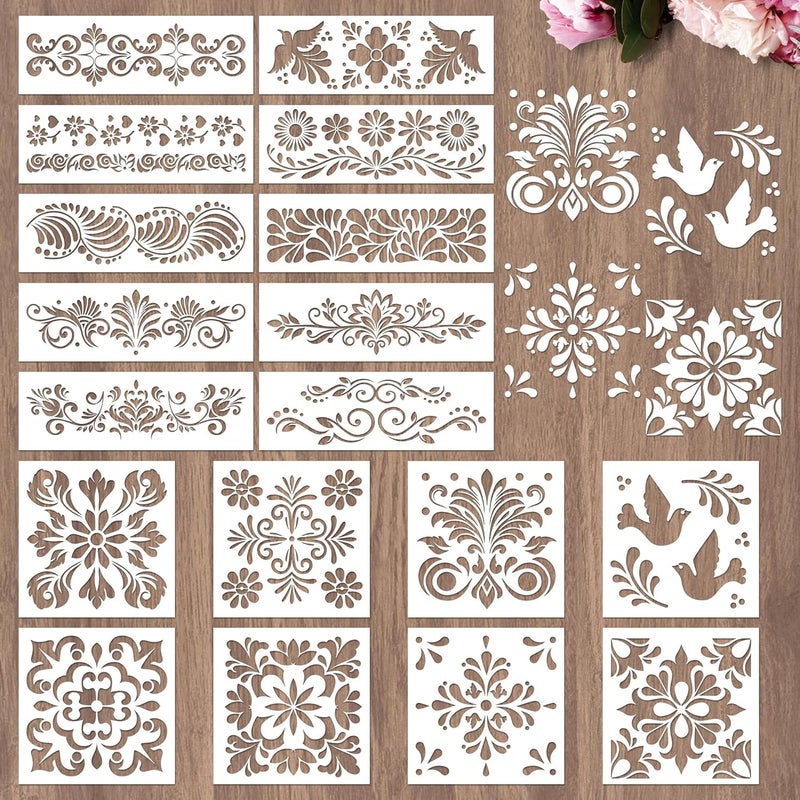 Sitsink Talavera Stencils for Painting - 18 Pcs Stencils for Painting on Wood Wall Border Template, Mexican Tile Painting Templates for Canvas Rock Furniture Door Mat Home Décor - Image 1